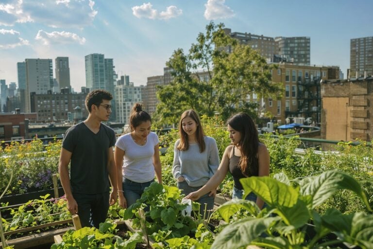 Vier Menschen pflanzen auf dem Dach eines Hauses Pflanzen an.